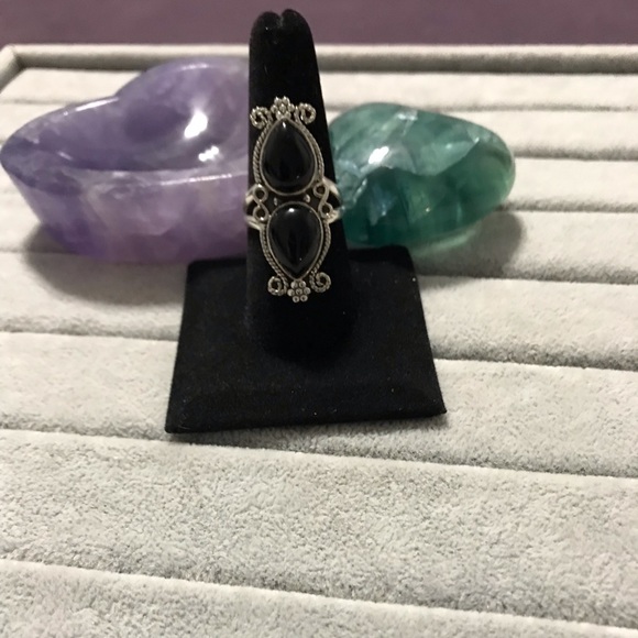 New Genuine Sterling Silver Black Onyx Double Stone Ring Size 8.5-8.75 Crystal - Picture 6 of 16